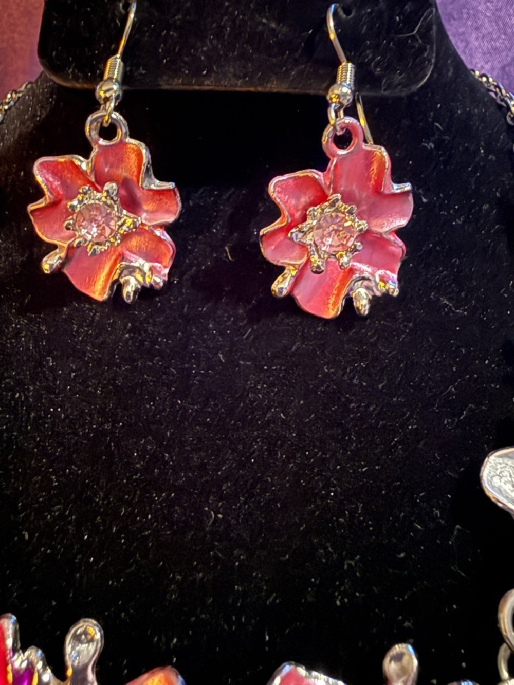 Floral Pink Statement Necklace and Earrings- Women Jewelry - Picture 3 of 7